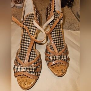 Jessica Simpson, Blue and tan gingham platform stilettos, size 8.